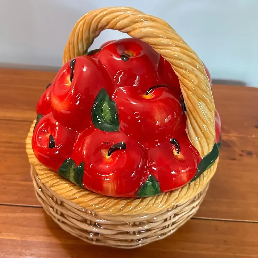 Vintage Ceramic Apple Basket Cookie Jar 1980s Hand Painted Fruit Canister Farmho